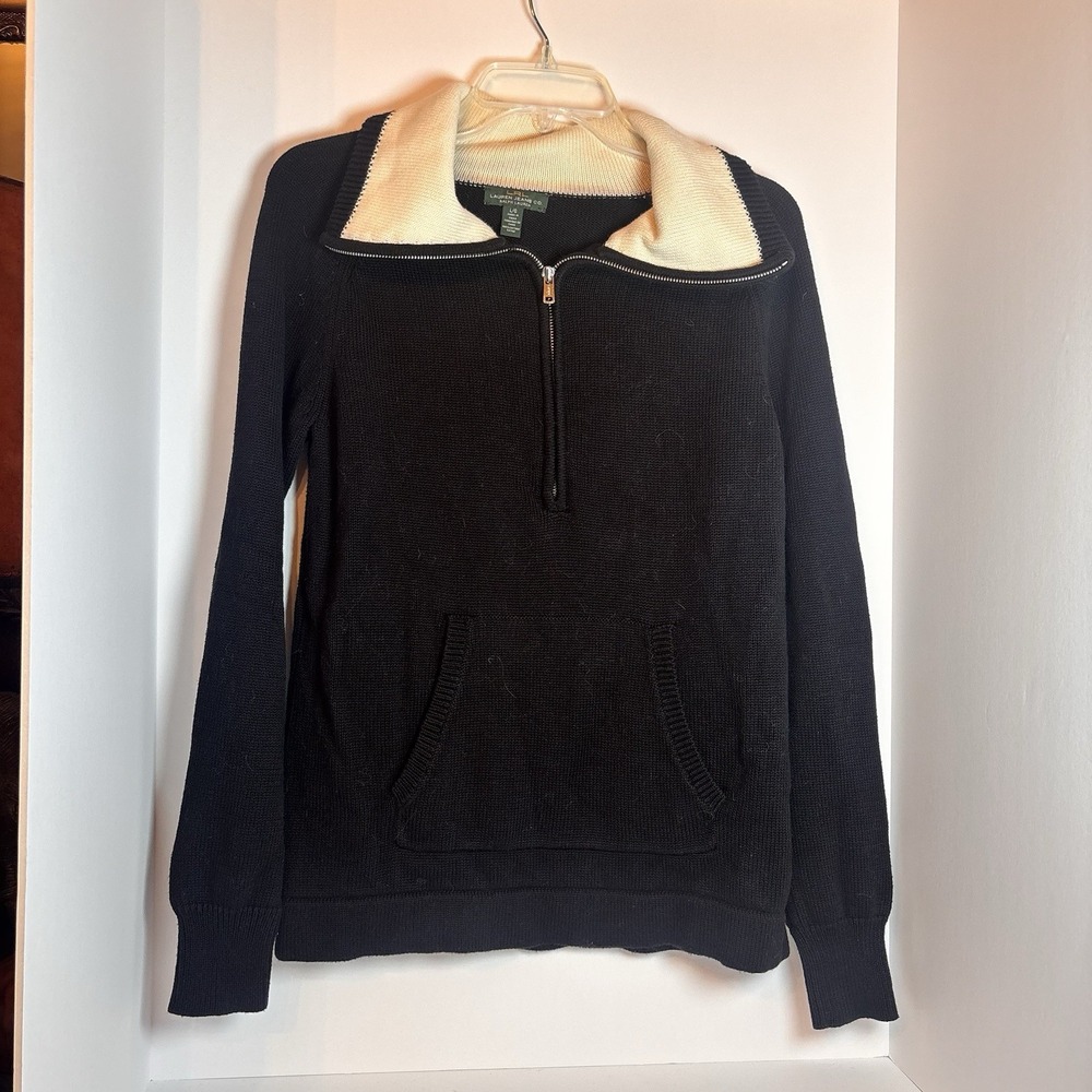 Lauren Jeans Co Ralph Lauren Sweater L Black Cream Cotton 1/4 Zip Pullover